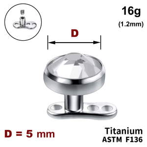 Мікродермал, завальцьований кристал 5мм, 16g (1.2мм), Внутрішнє різьблення, ТИТАН