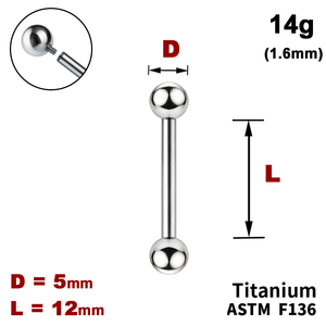 Штанга (барбелл) 12мм з кульками 5мм, 14g&nbsp;(1.6мм), Усередині різьблення, ТИТАН