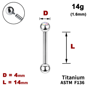 Штанга (барбелл) 14мм з кульками 4мм, одна з яких з Кристалом AB, 14g&nbsp;(1.6мм), Усередині різьблення, ТИТАН