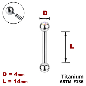 Штанга (барбел) 14мм з кульками 4мм, одна з яких з Кристалом AB, Усередині різьблення, ТИТАН