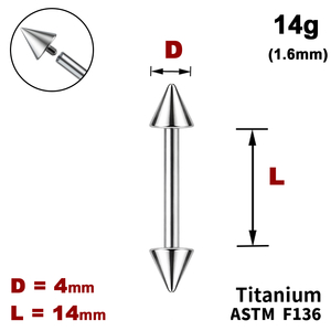 Штанга (барбелл) 14мм з конусами 4мм, 14g&nbsp;(1.6мм), Усередині різьблення, ТИТАН