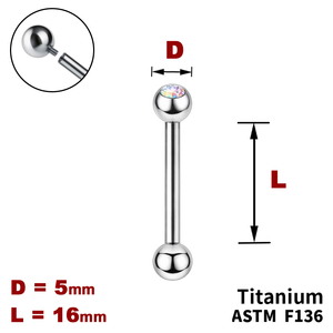 Штанга (барбел) 16мм з кульками 5мм, одна з яких з Кристалом AB, Усередині різьблення, ТИТАН