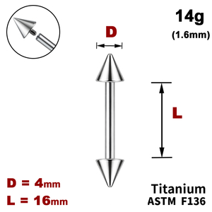 Штанга (барбелл) 16мм з конусами 4мм, 14g&nbsp;(1.6мм), Усередині різьблення, ТИТАН