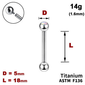 Штанга (барбелл) 18мм з кульками 5мм, одна з яких з Кристалом AB, 14g&nbsp;(1.6мм), Усередині різьблення, ТИТАН