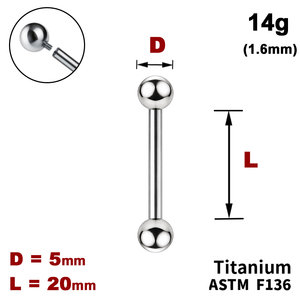 Штанга (барбелл) 20мм з кульками 5мм, 14g&nbsp;(1.6мм), Усередині різьблення, ТИТАН