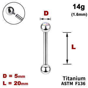 Штанга (барбелл) 20мм з кульками 5мм, одна з яких з Кристалом AB, 14g&nbsp;(1.6мм), Усередині різьблення, ТИТАН