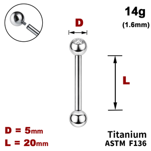 Штанга (барбелл) 20мм з кульками 5мм, одна з яких з Прозорим Кристалом, 14g&nbsp;(1.6мм), Усередині різьблення, ТИТАН