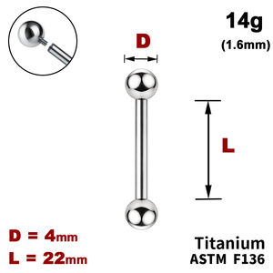Штанга (барбелл) 22мм з кульками 4мм, 14g&nbsp;(1.6мм), Усередині різьблення, ТИТАН