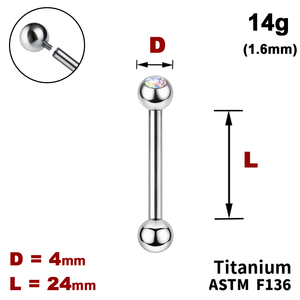 Штанга (барбелл) 24мм з кульками 4мм, одна з яких з Кристалом AB, 14g&nbsp;(1.6мм), Усередині різьблення, ТИТАН