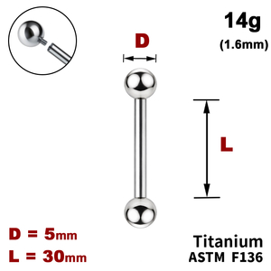 Штанга (барбелл) 30мм з кульками 5мм, 14g&nbsp;(1.6мм), Усередині різьблення, ТИТАН
