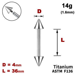 Штанга (барбелл) 36мм з конусами 4мм, 14g&nbsp;(1.6мм), Усередині різьблення, ТИТАН