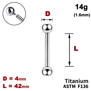 Штанга (барбелл) 42мм з кульками 4мм, 14g&nbsp;(1.6мм), Усередині різьблення, ТИТАН