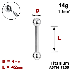 Штанга (барбелл) 42мм з кульками 4мм, одна з яких з Прозорим Кристалом, 14g&nbsp;(1.6мм), Усередині різьблення, ТИТАН