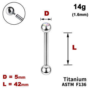 Штанга (барбелл) 42мм з кульками 5мм, одна з яких з Кристалом AB, 14g&nbsp;(1.6мм), Усередині різьблення, ТИТАН