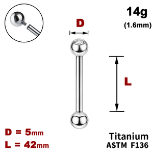 Штанга (барбелл) 42мм з кульками 5мм, одна з яких з Прозорим Кристалом, 14g&nbsp;(1.6мм), Усередині різьблення, ТИТАН