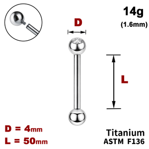 Штанга (барбелл) 50мм з кульками 4мм, одна з яких з Прозорим Кристалом, 14g&nbsp;(1.6мм), Усередині різьблення, ТИТАН