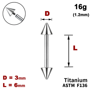 Штанга (барбелл) 6мм з конусами 3мм, 16g&nbsp;(1.2мм), Усередині різьблення, ТИТАН