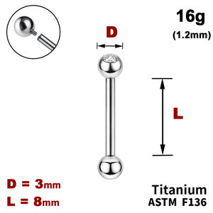 Штанга (барбел) 8мм з кульками 3мм, одна з яких з Прозорим Кристалом, 16g&nbsp;(1.2мм), Усередині різьблення, ТИТАН