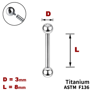 Штанга (барбел) 8мм з кульками 3мм, одна з яких з Прозорим Кристалом, Усередині різьблення, ТИТАН